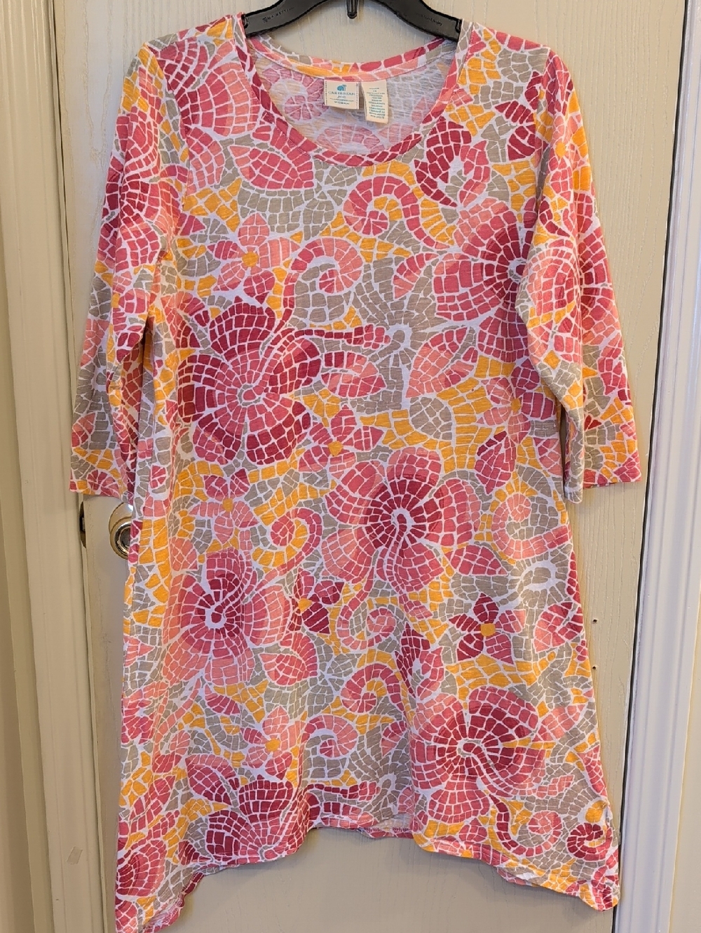Caribbean Joe Floral Mosaic Cotton Dress 1X Pink Yellow Shark Bite Hem Tunic Top - Picture 1 of 6